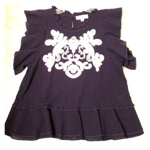 Navy Ruffled Shirt with White Scrolled Design